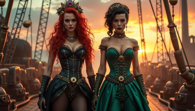 A stunning scene showcasing two busty female villains in a steampunk setting