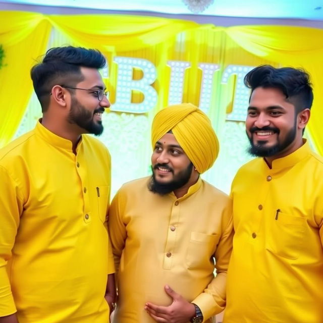 Three 27-year-old men at a vibrant yellow wedding event, dressed in traditional yellow Punjabi pajamas