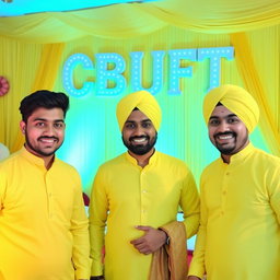 Three 27-year-old men at a vibrant yellow wedding event, dressed in traditional yellow Punjabi pajamas