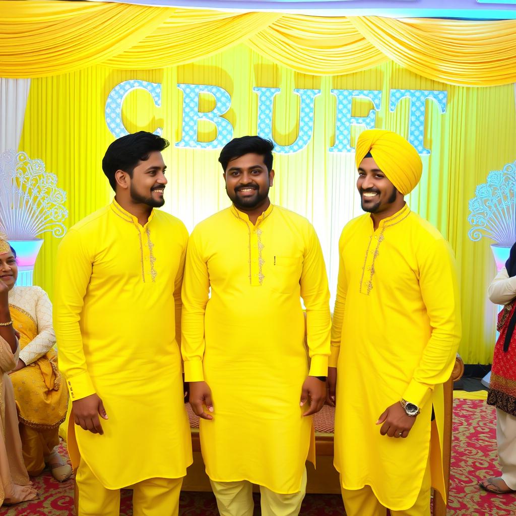 Three 27-year-old men at a vibrant yellow wedding event, dressed in traditional yellow Punjabi pajamas