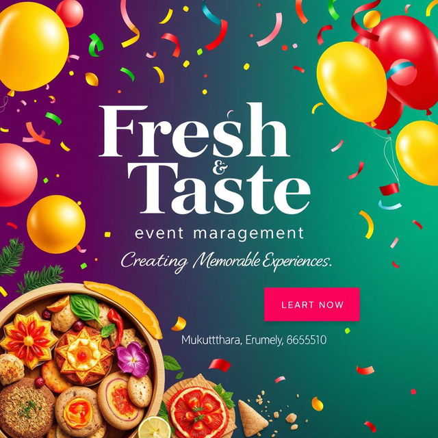 Poster design for an event management company named 'Fresh & Taste', featuring vibrant colors and appealing food graphics