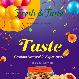 Poster design for an event management company named 'Fresh & Taste', featuring vibrant colors and appealing food graphics