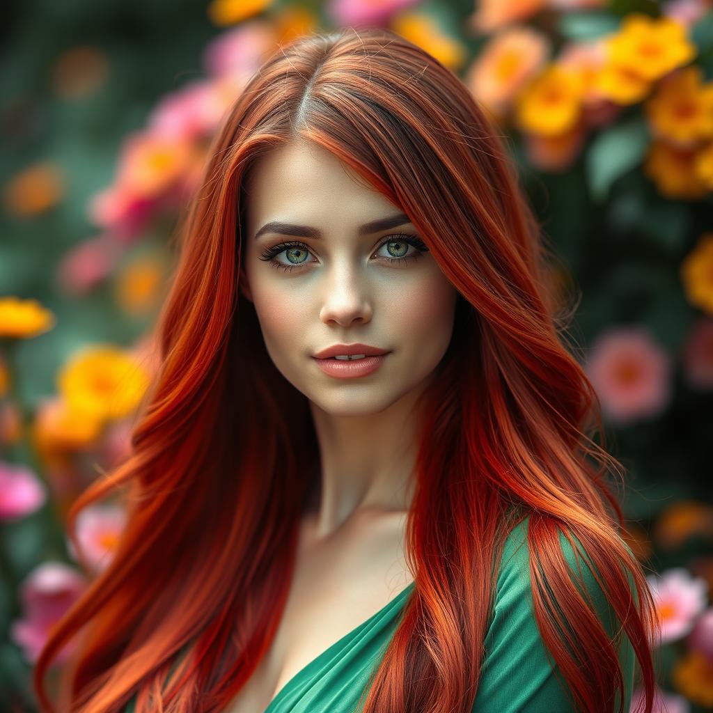 A stunning portrait of a woman with long, vibrant red hair flowing elegantly around her shoulders