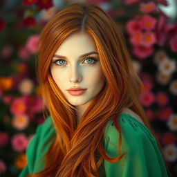 A stunning portrait of a woman with long, vibrant red hair flowing elegantly around her shoulders