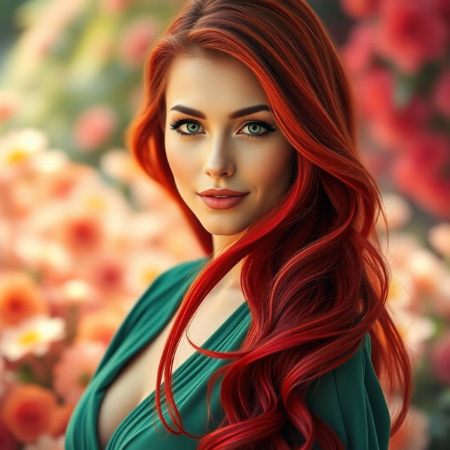 A stunning portrait of a woman with long, vibrant red hair flowing elegantly around her shoulders