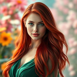 A stunning portrait of a woman with long, vibrant red hair flowing elegantly around her shoulders