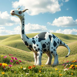 A cute chimera creature called a bronto-cow, a whimsical blend of a brontosaurus and a cow