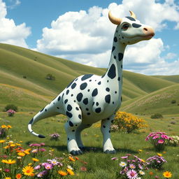 A cute chimera creature called a bronto-cow, a whimsical blend of a brontosaurus and a cow