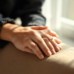 A beautifully captured close-up portrait of a woman's hand gracefully resting on a textured surface, highlighted by soft natural light