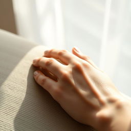 A beautifully captured close-up portrait of a woman's hand gracefully resting on a textured surface, highlighted by soft natural light