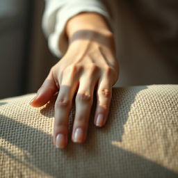 A beautifully captured close-up portrait of a woman's hand gracefully resting on a textured surface, highlighted by soft natural light