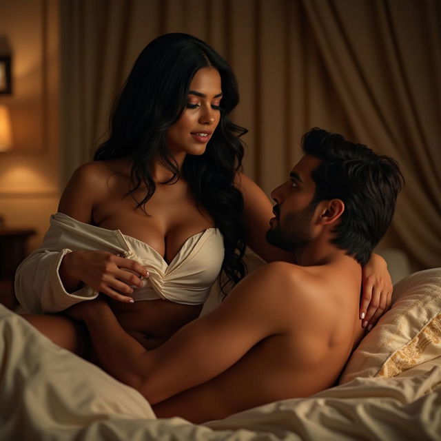 A seductive scene featuring an attractive Indian maid with long black hair, sitting poised on a man's chest in a luxurious bedroom setting with warm lighting