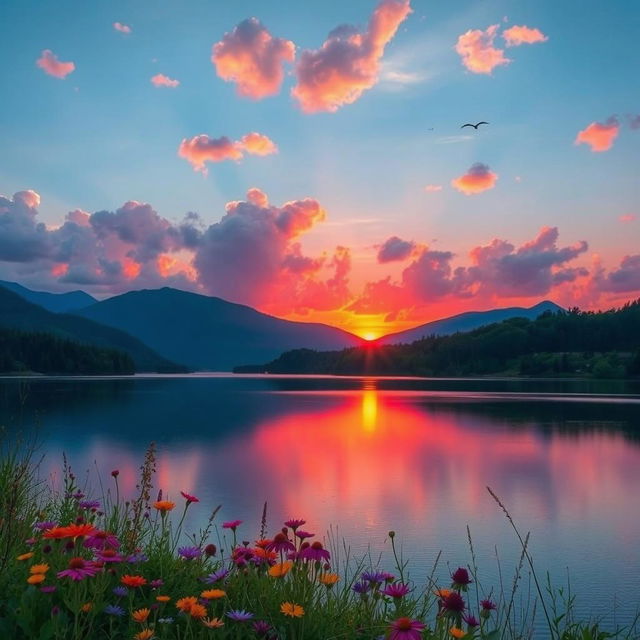 A beautiful and serene landscape featuring a vibrant sunset over a calm lake, surrounded by lush green forests and distant mountains, with fluffy clouds reflecting shades of pink and orange in the water