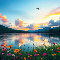 A beautiful and serene landscape featuring a vibrant sunset over a calm lake, surrounded by lush green forests and distant mountains, with fluffy clouds reflecting shades of pink and orange in the water
