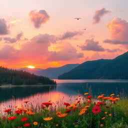 A beautiful and serene landscape featuring a vibrant sunset over a calm lake, surrounded by lush green forests and distant mountains, with fluffy clouds reflecting shades of pink and orange in the water