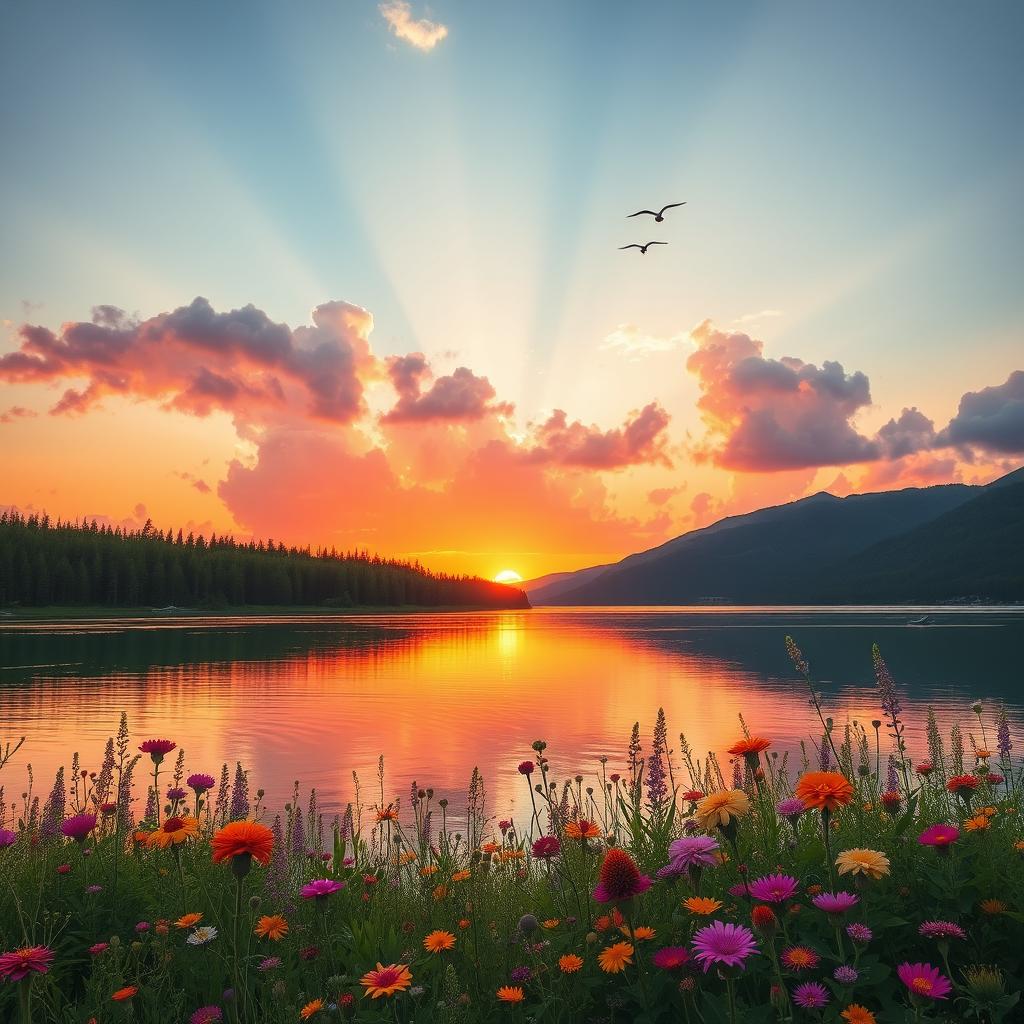 A beautiful and serene landscape featuring a vibrant sunset over a calm lake, surrounded by lush green forests and distant mountains, with fluffy clouds reflecting shades of pink and orange in the water