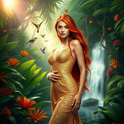 A beautiful, alluring woman with long flowing red hair, wearing a sparkling gold gown, stands confidently in an exotic jungle