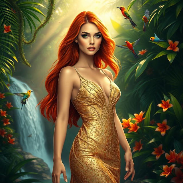 A beautiful, alluring woman with long flowing red hair, wearing a sparkling gold gown, stands confidently in an exotic jungle