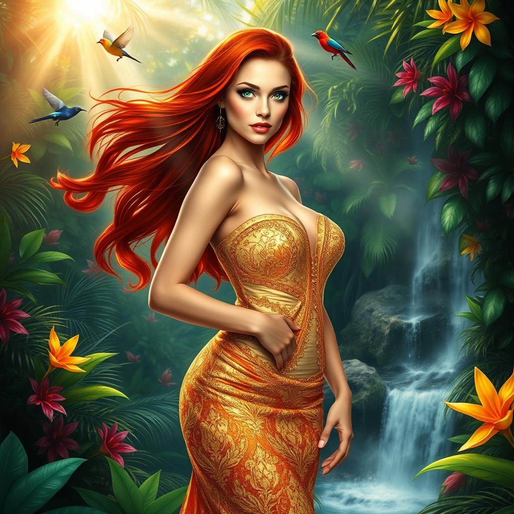 A beautiful, alluring woman with long flowing red hair, wearing a sparkling gold gown, stands confidently in an exotic jungle