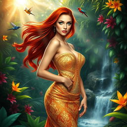 A beautiful, alluring woman with long flowing red hair, wearing a sparkling gold gown, stands confidently in an exotic jungle