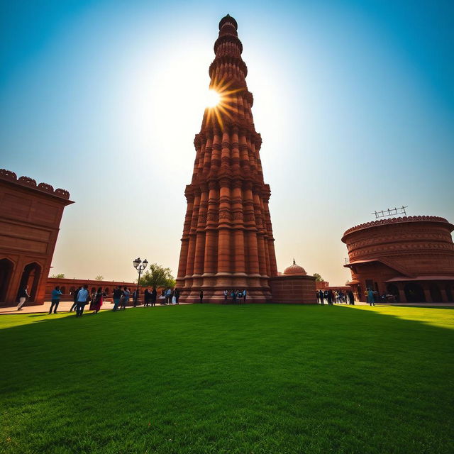 A stunning high-resolution photograph of Qutub Minar, showcasing the intricate red sandstone architecture and detailed carvings