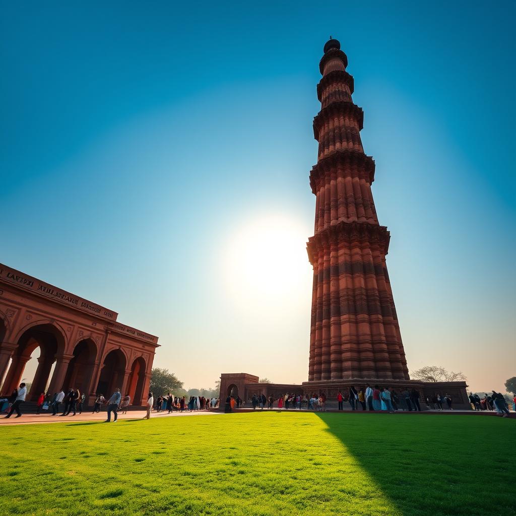 A stunning high-resolution photograph of Qutub Minar, showcasing the intricate red sandstone architecture and detailed carvings