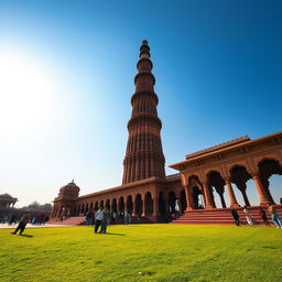 A stunning high-resolution photograph of Qutub Minar, showcasing the intricate red sandstone architecture and detailed carvings