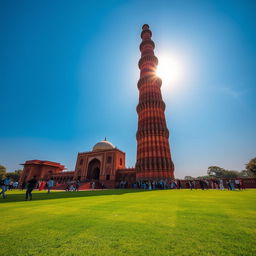 A stunning high-resolution photograph of Qutub Minar, showcasing the intricate red sandstone architecture and detailed carvings