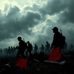A deep, dark conceptual image symbolizing the horrors of war, featuring blood splatters artistically incorporated into the scene