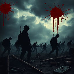 A deep, dark conceptual image symbolizing the horrors of war, featuring blood splatters artistically incorporated into the scene