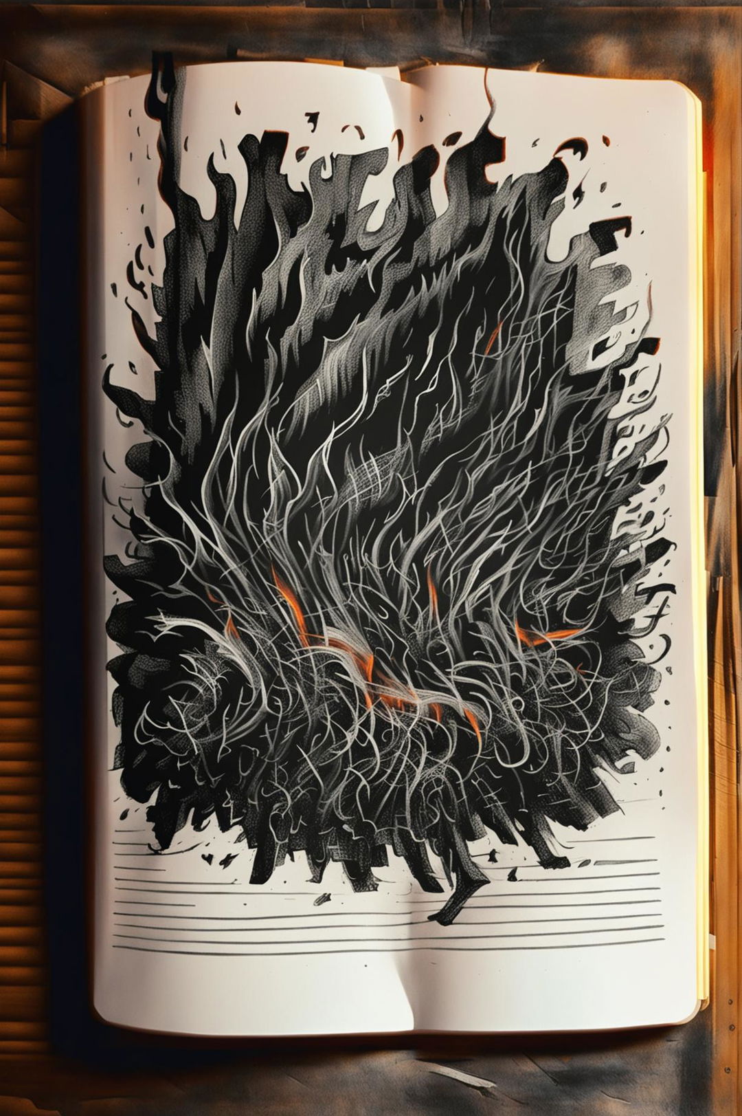 A detailed pen drawing of a fire on a lined pad, showcasing the artist's skill in capturing the movement and intensity of flames