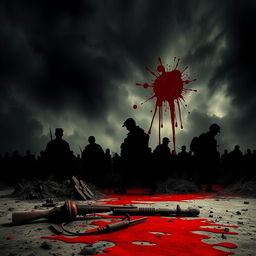 A deep, dark conceptual image symbolizing the horrors of war, featuring blood splatters artistically incorporated into the scene
