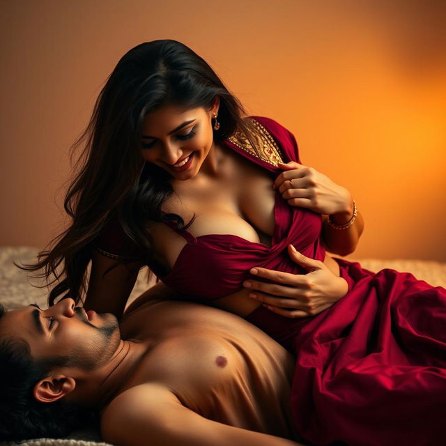 An alluring scene featuring an attractive Indian maid dressed in a rich maroon saree, sitting gracefully on a man's back who is lying flat on a plush surface