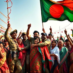 An epic and empowering scene capturing the victory of Bangladesh in the War of 1971, showcasing a group of jubilant Bangladeshi soldiers and civilians celebrating their independence