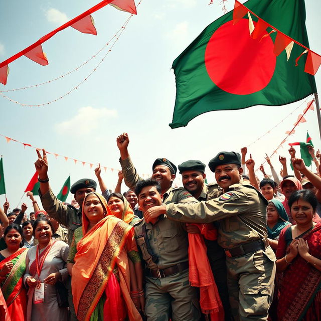 An epic and empowering scene capturing the victory of Bangladesh in the War of 1971, showcasing a group of jubilant Bangladeshi soldiers and civilians celebrating their independence