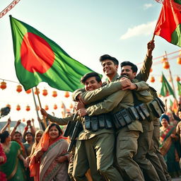An epic and empowering scene capturing the victory of Bangladesh in the War of 1971, showcasing a group of jubilant Bangladeshi soldiers and civilians celebrating their independence