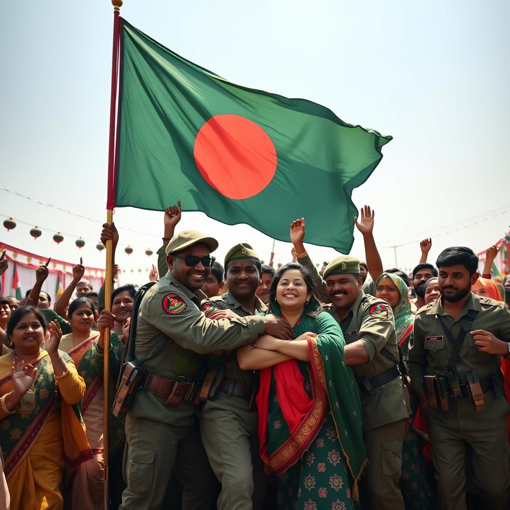 An epic and empowering scene capturing the victory of Bangladesh in the War of 1971, showcasing a group of jubilant Bangladeshi soldiers and civilians celebrating their independence