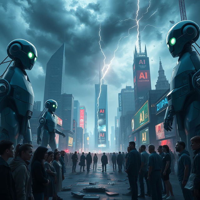 A dystopian scene depicting a futuristic cityscape where artificial intelligence and robots dominate humanity