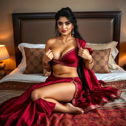 An Indian maid dressed in a stunning maroon saree, elegantly sitting on a beautifully made bed