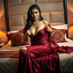 An Indian maid dressed in a stunning maroon saree, elegantly sitting on a beautifully made bed