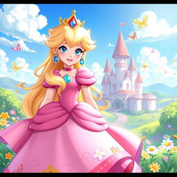 A stunning digital illustration of Princess Peach from the Mario series, depicted in her trademark pink gown with flowing fabric, adorned with intricate floral patterns and sparkling gems