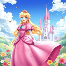 A stunning digital illustration of Princess Peach from the Mario series, depicted in her trademark pink gown with flowing fabric, adorned with intricate floral patterns and sparkling gems