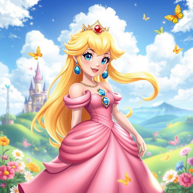 A stunning digital illustration of Princess Peach from the Mario series, depicted in her trademark pink gown with flowing fabric, adorned with intricate floral patterns and sparkling gems