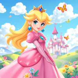 A stunning digital illustration of Princess Peach from the Mario series, depicted in her trademark pink gown with flowing fabric, adorned with intricate floral patterns and sparkling gems