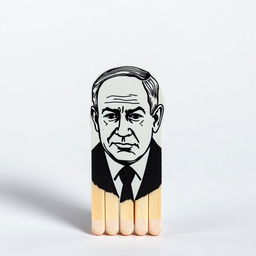 A standing match design where the black sulfur part is creatively shaped like Benjamin Netanyahu, an Israeli politician, depicted from the front