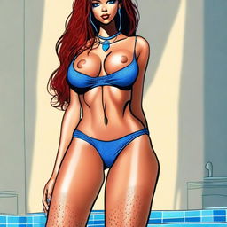 This is a high-quality digital art image of a tall woman with perfect, tanned skin