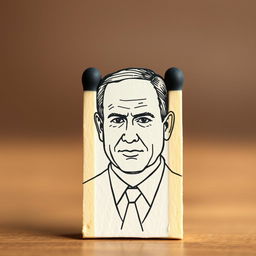 A standing match design where the black sulfur part is creatively shaped like Benjamin Netanyahu, an Israeli politician, depicted from the front