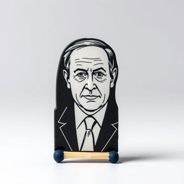 A standing match design where the black sulfur part is creatively shaped like Benjamin Netanyahu, an Israeli politician, depicted from the front