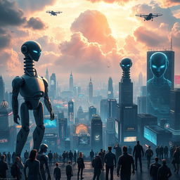 A striking and thought-provoking conceptual image depicting a futuristic world where artificial intelligence and robots dominate humanity