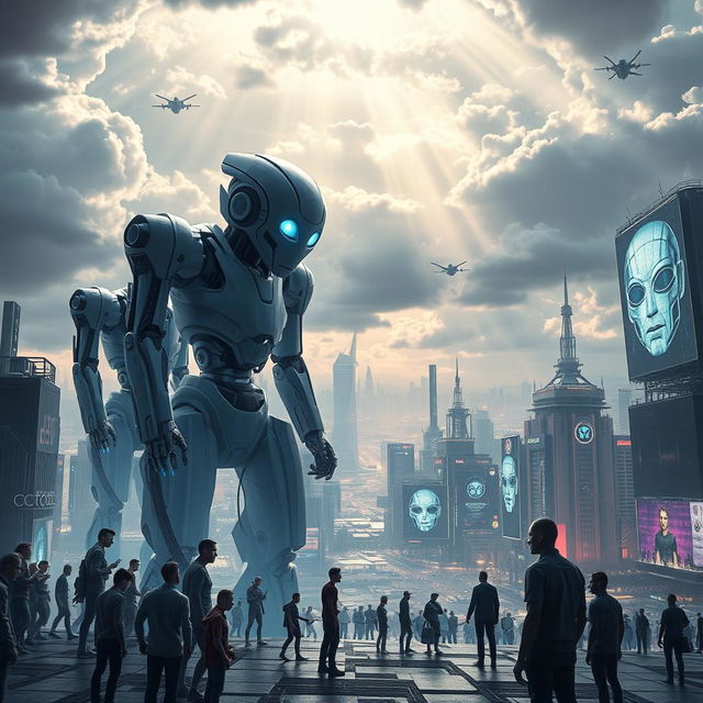 A striking and thought-provoking conceptual image depicting a futuristic world where artificial intelligence and robots dominate humanity